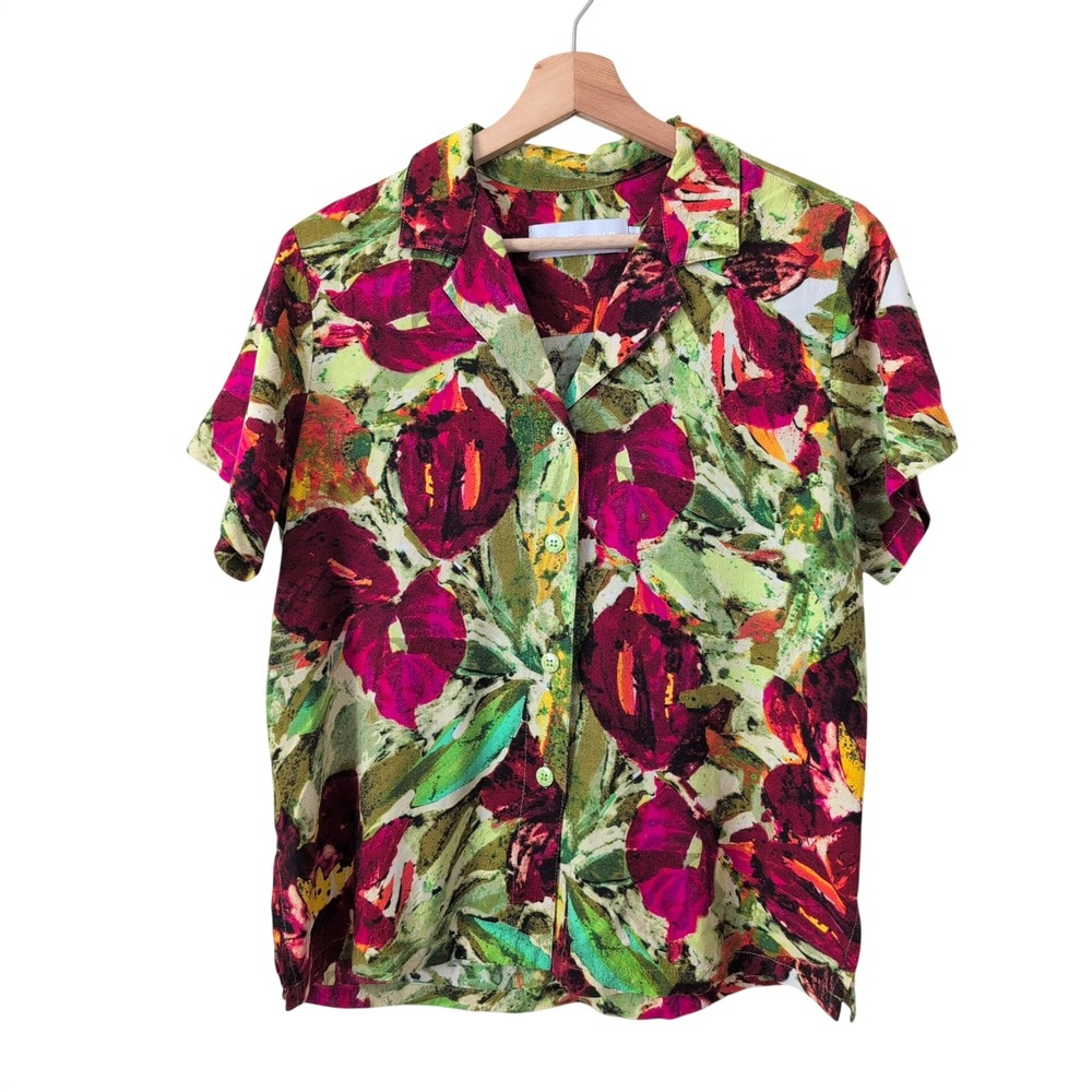 Jams World Anthurium‎ Floral Rayon Button Down Shirt Womens Small Green Magenta